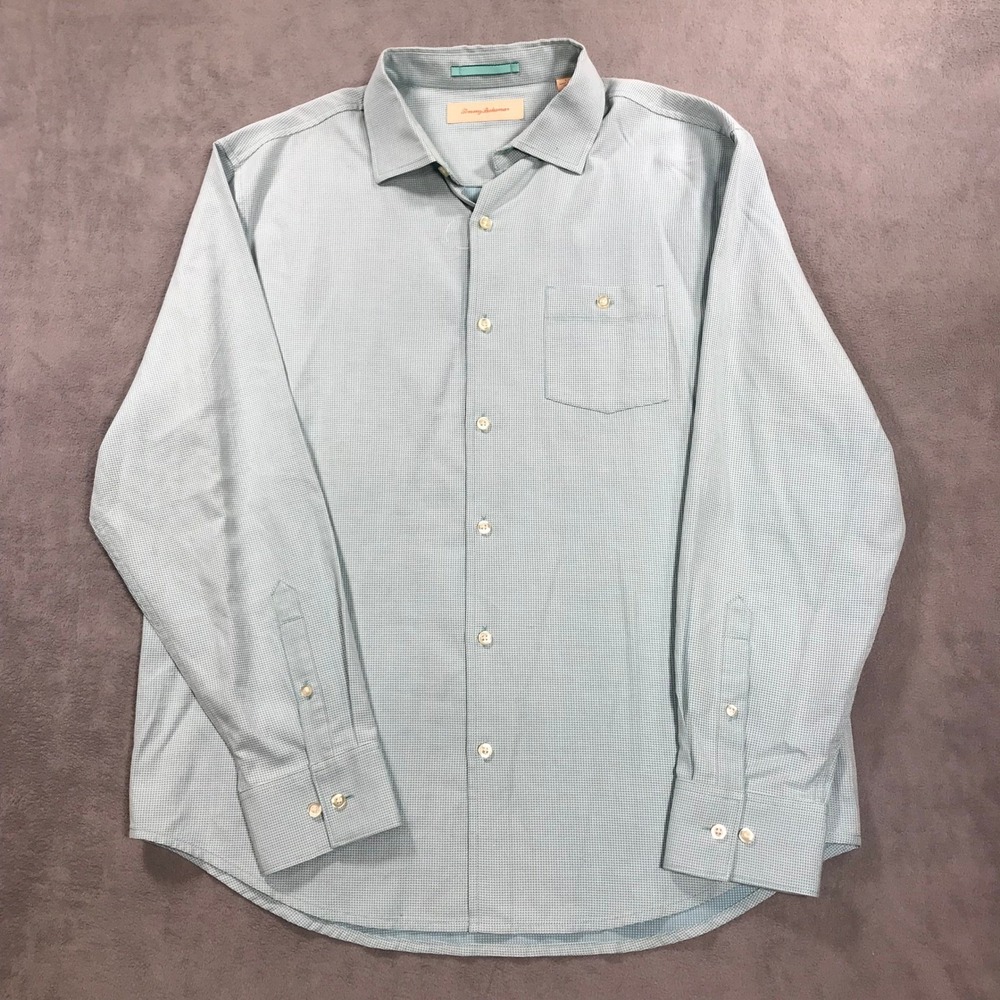 Tommy Bahama Silk Long Sleeve Button Up Shirt Men Large Light Blue Textured Knit